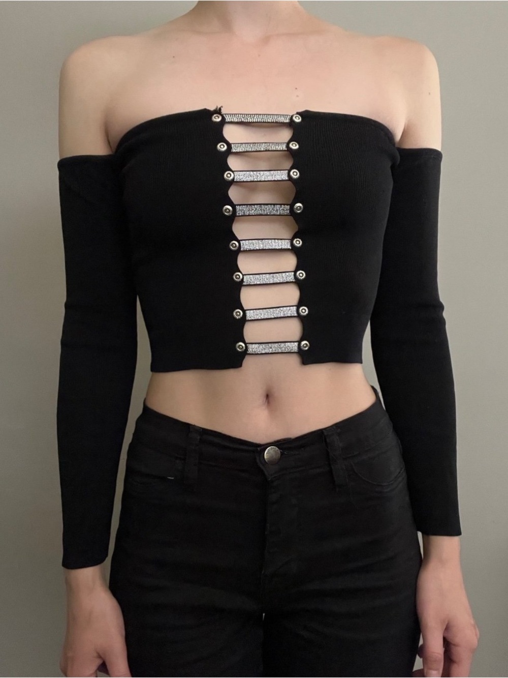 Off-Shoulder Black Crop Top Sexy Cut Out, Emo, Goth, Small